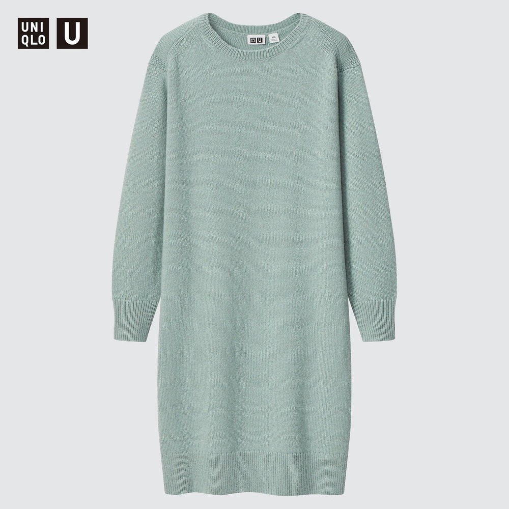 Uniqlo Wool Crew Neck Long Sleeve Knit Sweater Dress Muted‎ Teal Girls Size 9-10